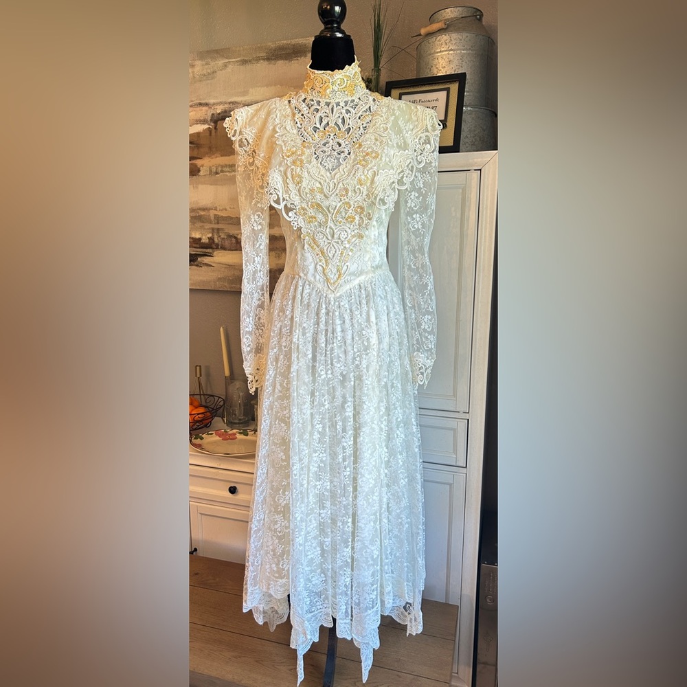 Jessica McClintock White Lace High-Neck Wedding Dress with Gold Accents
